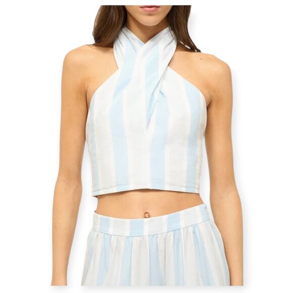 Staud Kai Striped Cotton Halter Top L Cropped Smocked V-Neck Sleeveless NWOT - Picture 3 of 14